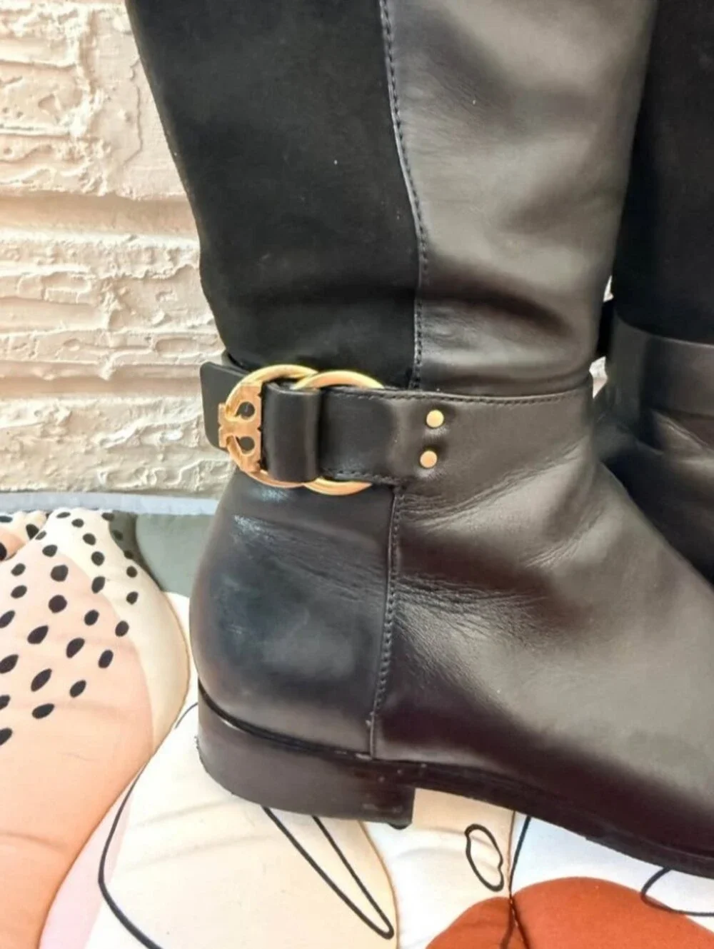 Tory Burch Black Leather & Suede Over-the-Knee Boots with Gold Buckle
